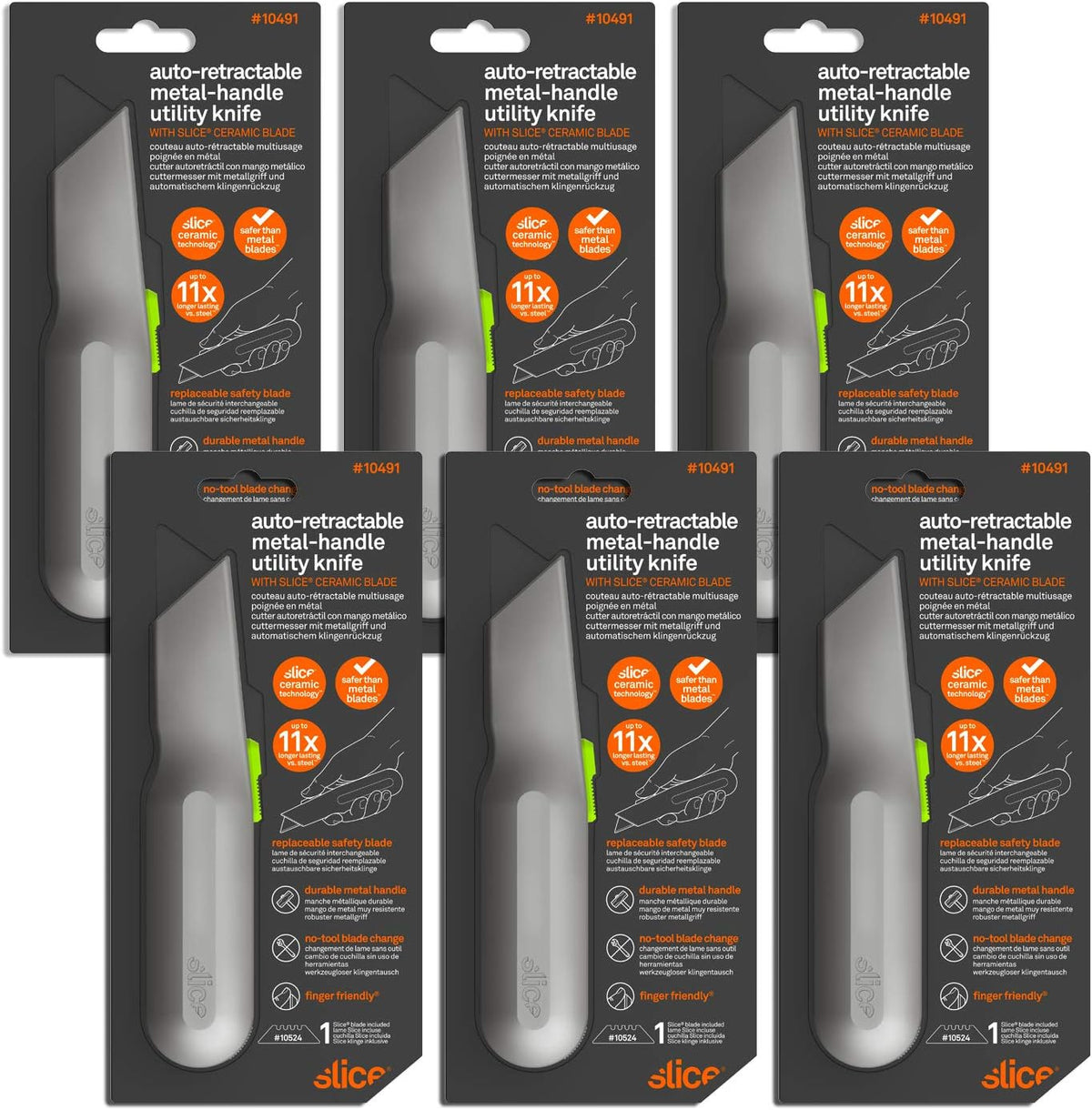 Slice 10491 Metal-Handle Utility Knife, Finger Friendly Ceramic Blade, Auto Retracts for Safety, Heavy Metal Handle, Comfortable Grip, Stores Extra Blade, Ambidextrous, Easy Blade Change - 6 Pack