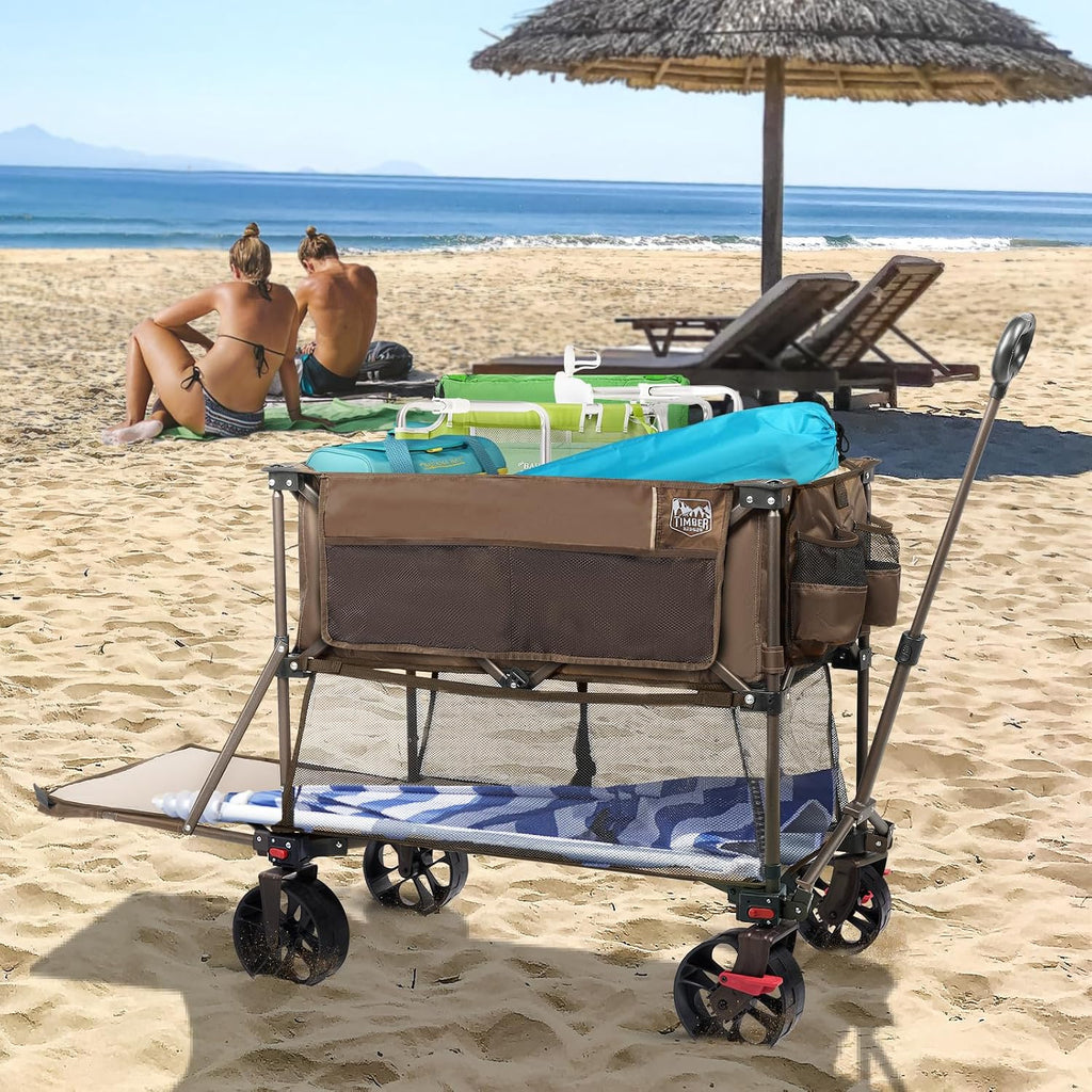 TIMBER RIDGE 400L Large Capacity Folding Double Decker Wagon with Brakes, 54' Extra Long Extender Wagon Cart, 450lbs Heavy Duty Collapsible Cart, All-Terrain Big Wheels for Camping, Sports, Shopping