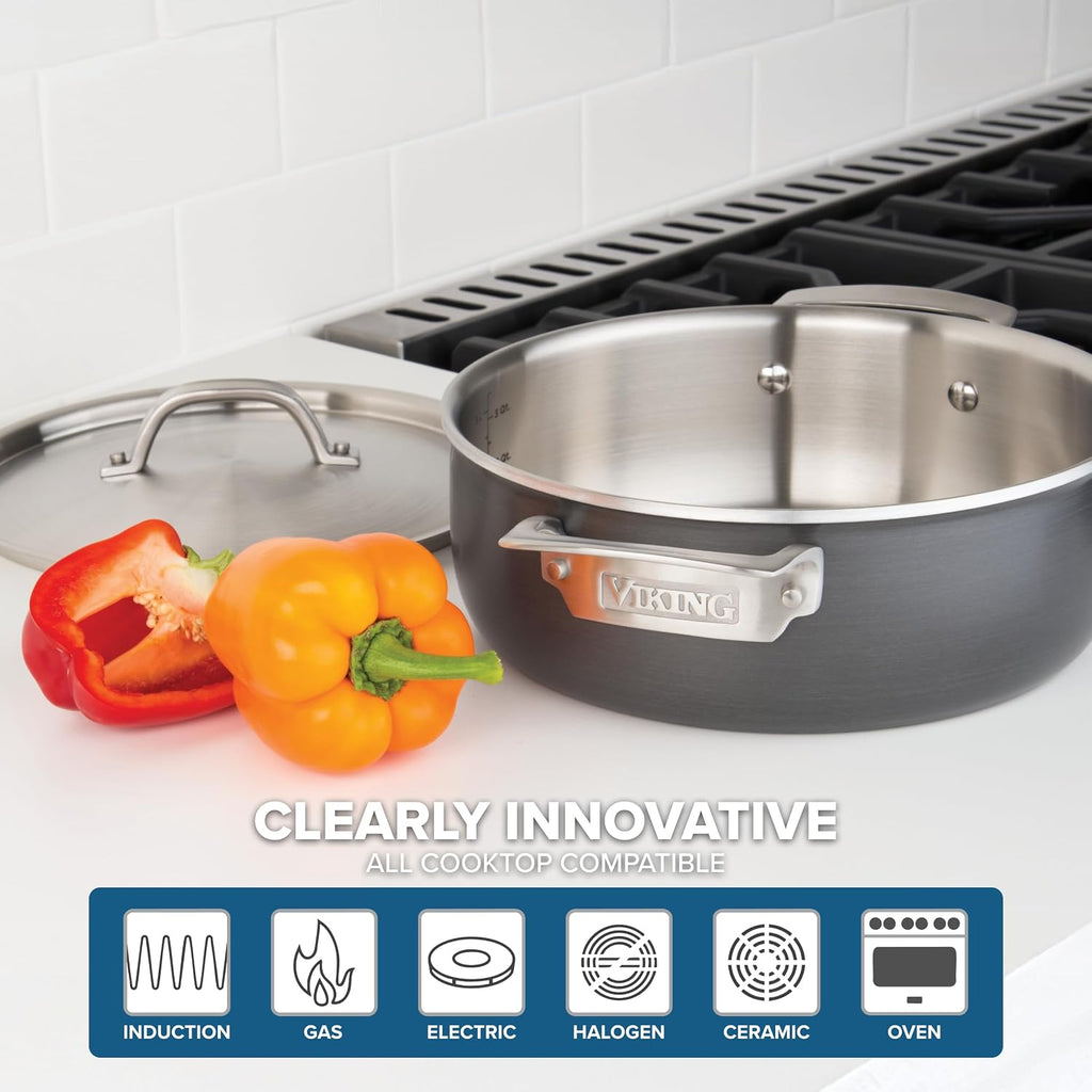 Viking 5-Ply Pots and Pans Set, 10 Piece Hard Anodized Cookware, Stainless Steel Lids, Silver
