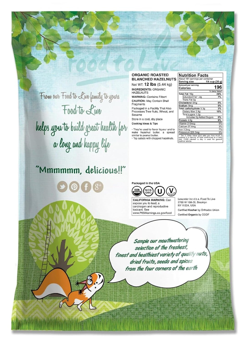 Food to Live Organic Blanched Roasted Hazelnuts, 12 Pounds – Non-GMO, Dry Roasted Filberts, No Skin, Whole Nuts, Unsalted, Kosher, Vegan, Bulk. Keto Snack. Great for Baking, Salads, and Granola.