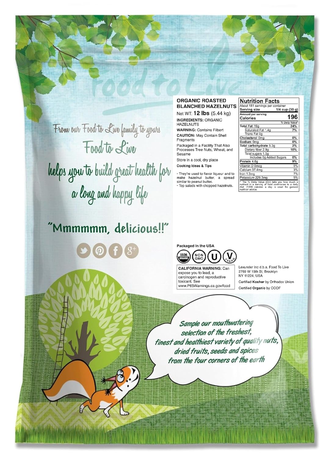 Food to Live Organic Blanched Roasted Hazelnuts, 12 Pounds – Non-GMO, Dry Roasted Filberts, No Skin, Whole Nuts, Unsalted, Kosher, Vegan, Bulk. Keto Snack. Great for Baking, Salads, and Granola.