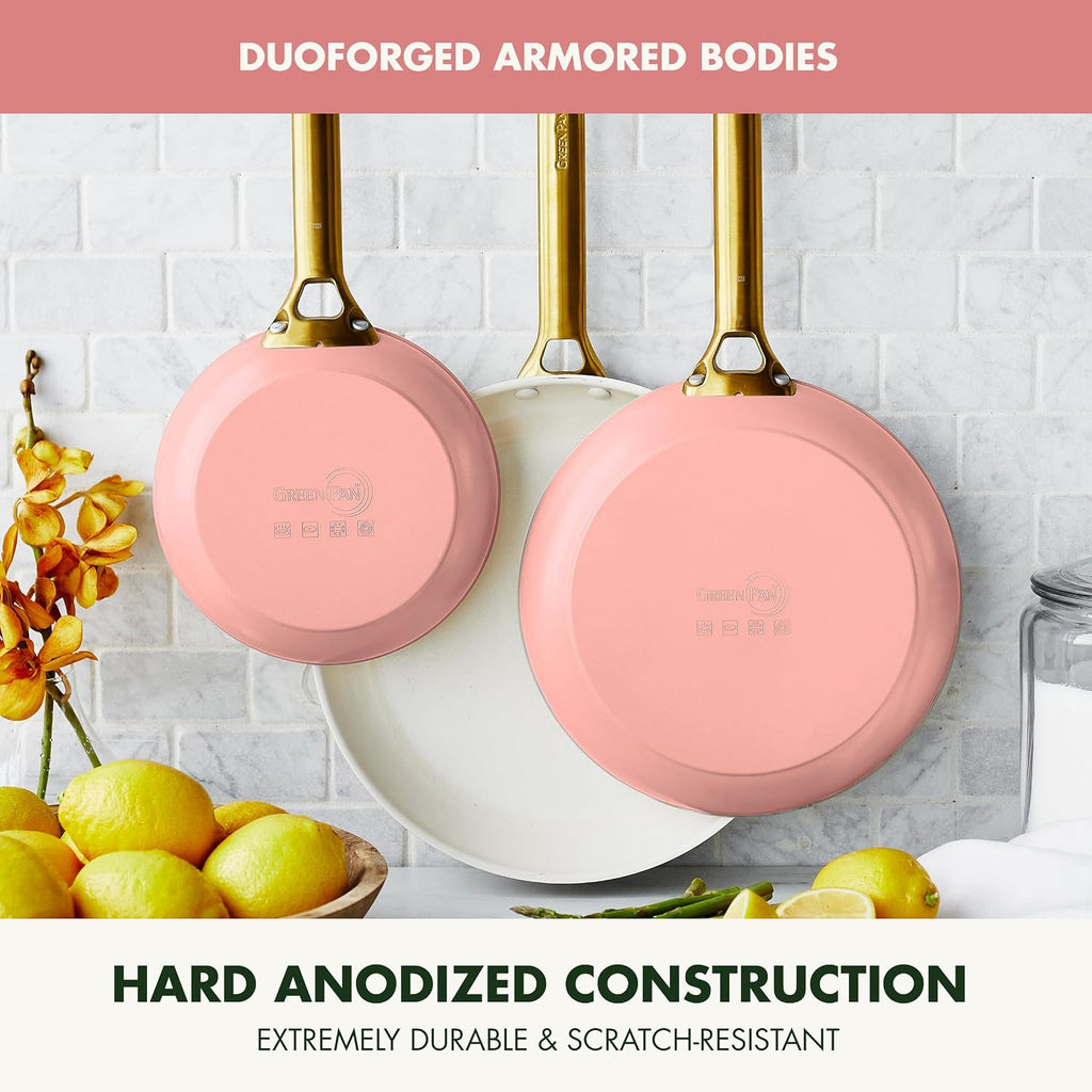 GreenPan 8' 10' & 12' 3 Piece Frying Pan Skillet Set, Healthy Ceramic Nonstick PFAS-Free Cookware, Hard Anodized Aluminum, Gold-Tone Stainless Steel Handles, Dishwasher and Oven Safe, Coral