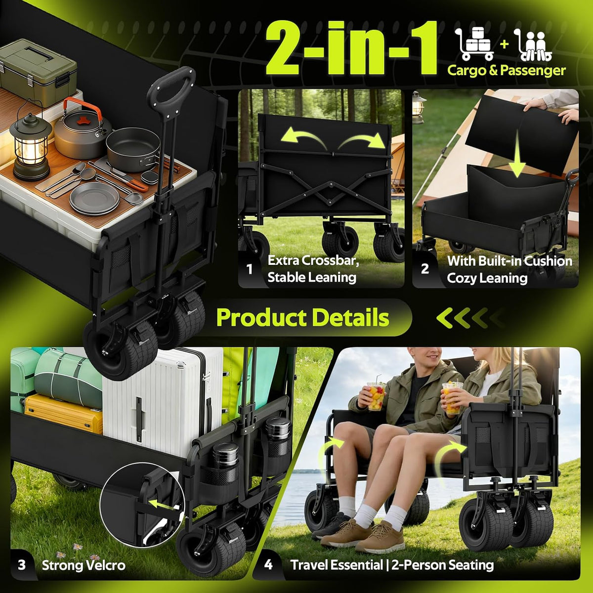 2 in 1 Wagon Bench Seat Combo - Wagon with Bench that Can Carry 500 Lbs, with Big Wheels, Wagons Carts Foldable for Camping, Outdoor Fishing, Market Stalls