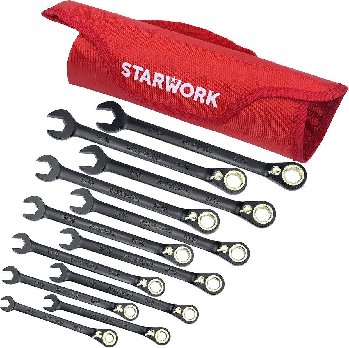 STARWORK TRUE MECHANIC™ 12-Piece 2-in-1 Reversible Ratcheting Wrench Set with Rolling Pouch, 120-Tooth, SAE&Metric