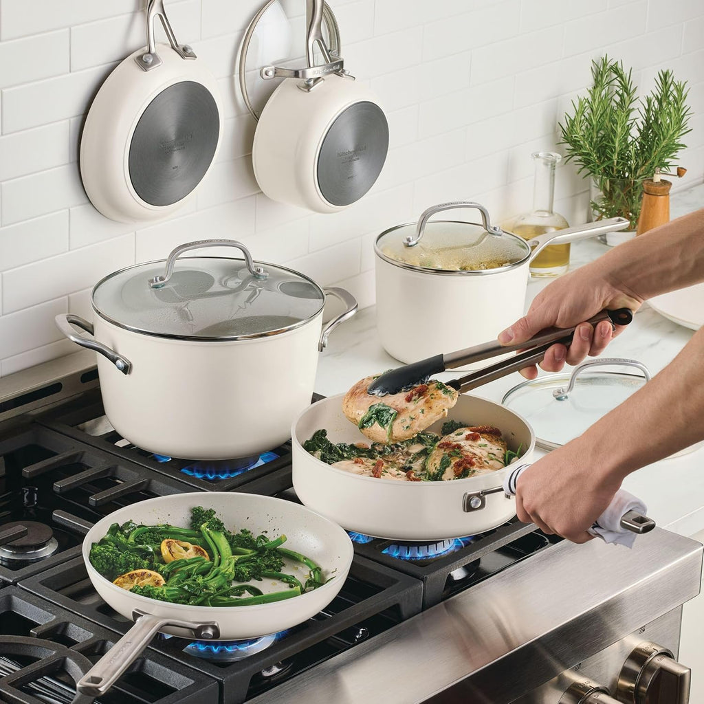 KitchenAid Hard Anodized Ceramic Nonstick Pots and Pans Set with Saucepans, Frying Pans, Stockpot, and Lids, 10 Piece Non Stick Cookware Set with Stainless Steel Handles - Porcelain White