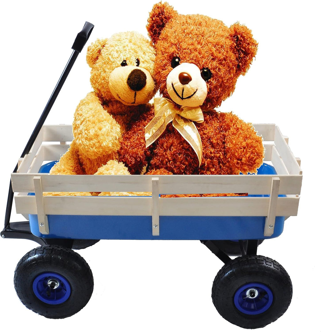 Outdoor Sport All Terrain Pulling Wagon With Removable Wooden Side Panels, Air Tires, Big Foot Panel, Sturdy Steel Bed, Kids' Pull-Along (Blue)