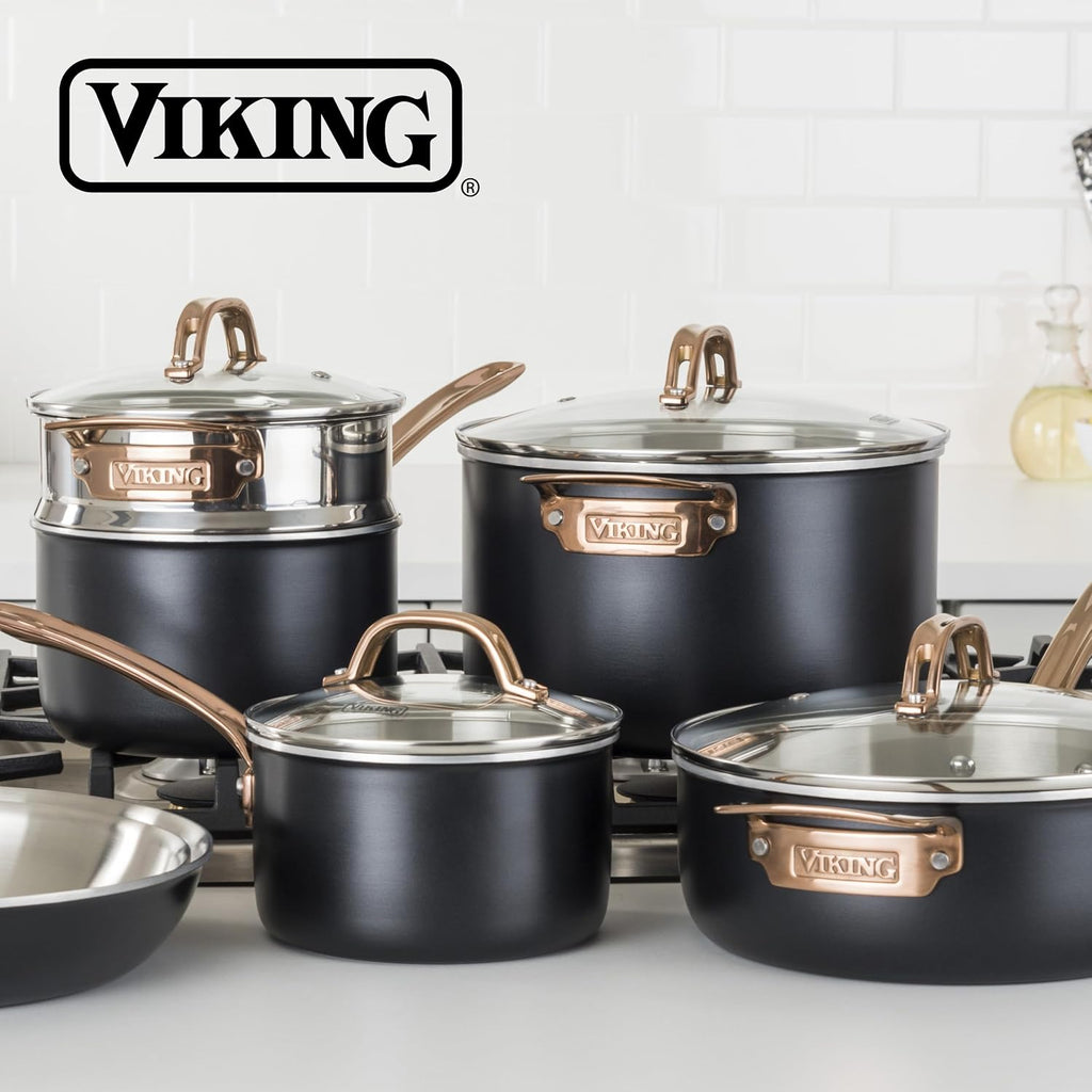 Viking 3 Ply Pots and Pans Set, 11 Piece Stainless Steel Kitchen Cookware with Glass Lids, Black with Copper