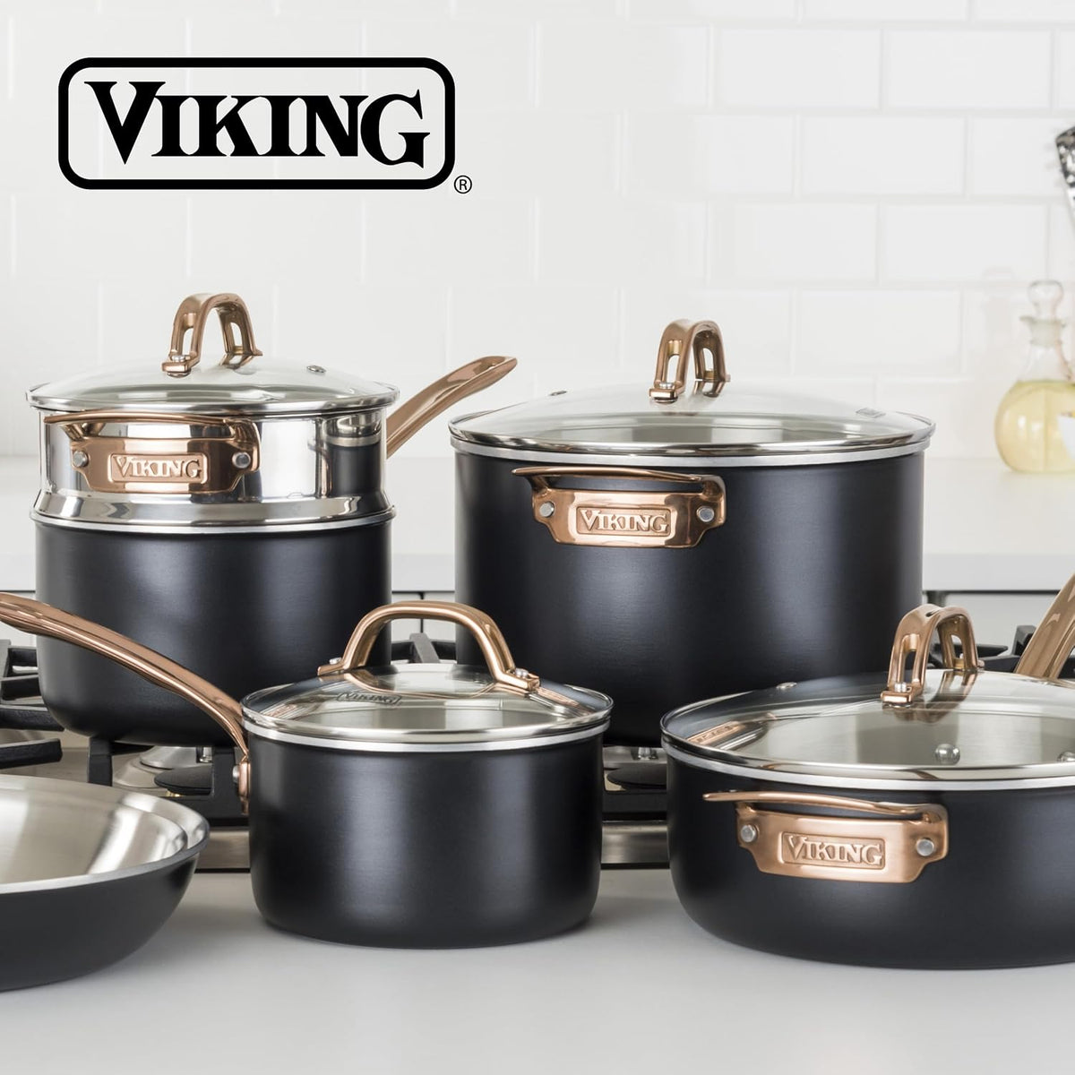 Viking 3 Ply Pots and Pans Set, 11 Piece Stainless Steel Kitchen Cookware with Glass Lids, Black with Copper