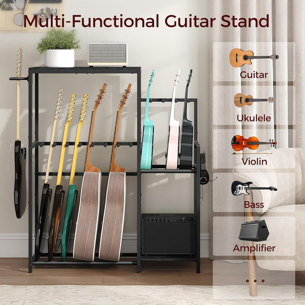 MAHANCRIS Mobile Printer Stand and Guitar Stand Bundle, 3-Tier Industrial Printer Cart with Power Outlets, with Guitar Accessory Holder, EVA Cover, for Home Studio, PTHB78E01-GSHB8701