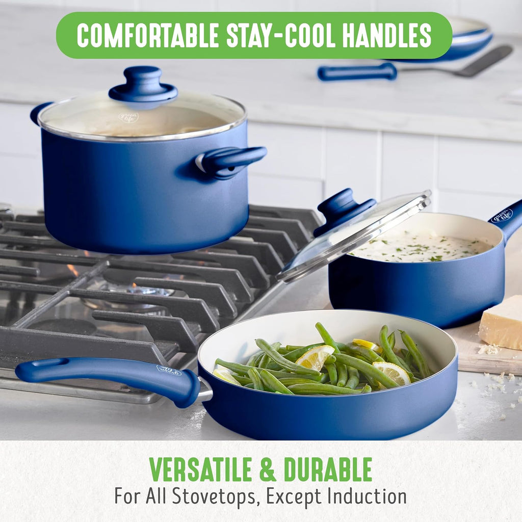 GreenLife Soft Grip 23 Piece Kitchen Cookware Pots and Frying Saucepans Set, Healthy Ceramic Nonstick PFAS and PFOA-Free, Dishwasher and Oven Safe, Even Heating, Easy Clean, Warp Control, Blue