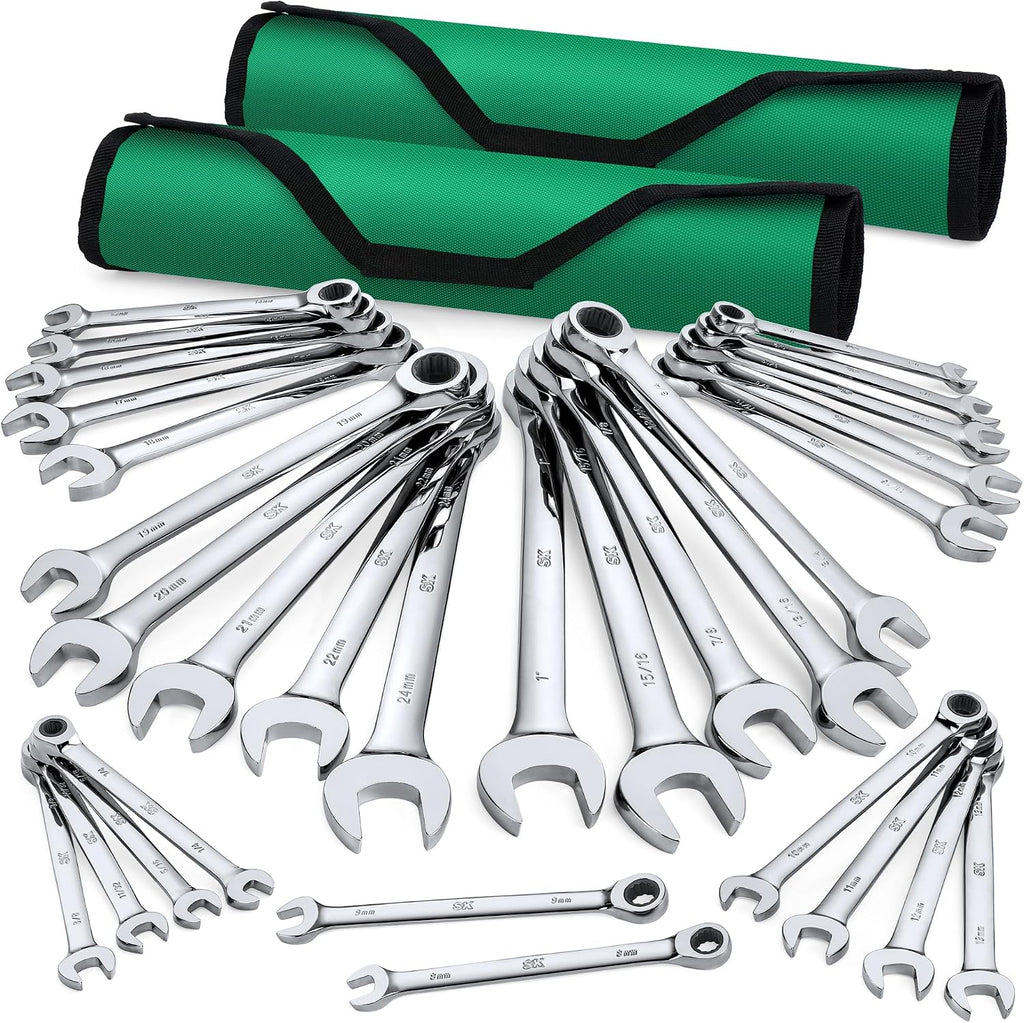 SK Ratcheting Wrench Set, Combination Wrench Set, 30-Piece, SAE 1/4' to 1', Metric 8 to 24mm, 72-Tooth, Premium CR-V Construction, with Rolling Pouch