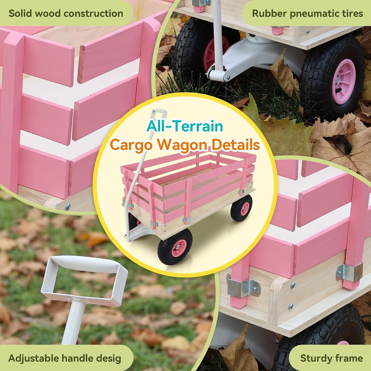 Garden Cart with Removable Side Panels, 176 lbs Capacity - Heavy-Duty Steel Yard Cart with Pneumatic Tires, Ideal for Gardening, Beach Use, and More (Pink-White Handle)