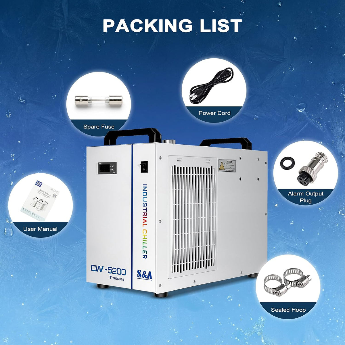 S&A CW-5200DH 7L Industrial Water Chiller,0.9HP,3.43gpm,5699 BTU/h,for 60W to 150W CO2 Laser Engraving & Cutting Systems