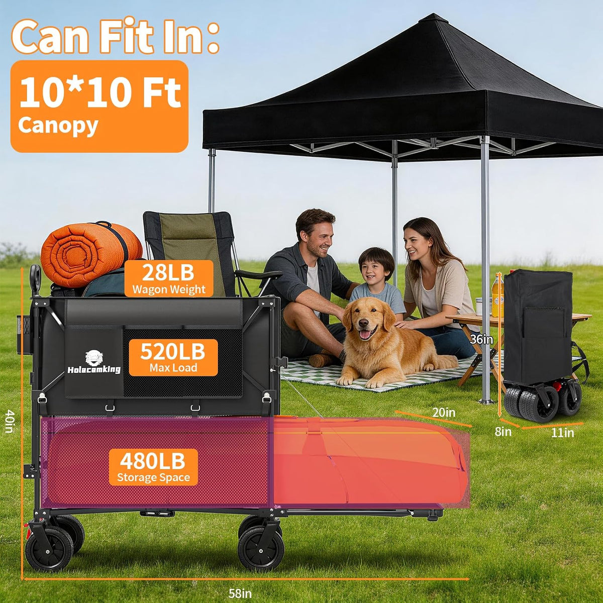 480L Double Decker Wagon, 58' L Extended Foldable Utility Cart with Tailgate, Big All-Terrain Wheels with Brakes, 520lbs Heavy Duty Collapsible Wagon for Camping Beach Sports Grocery Pets