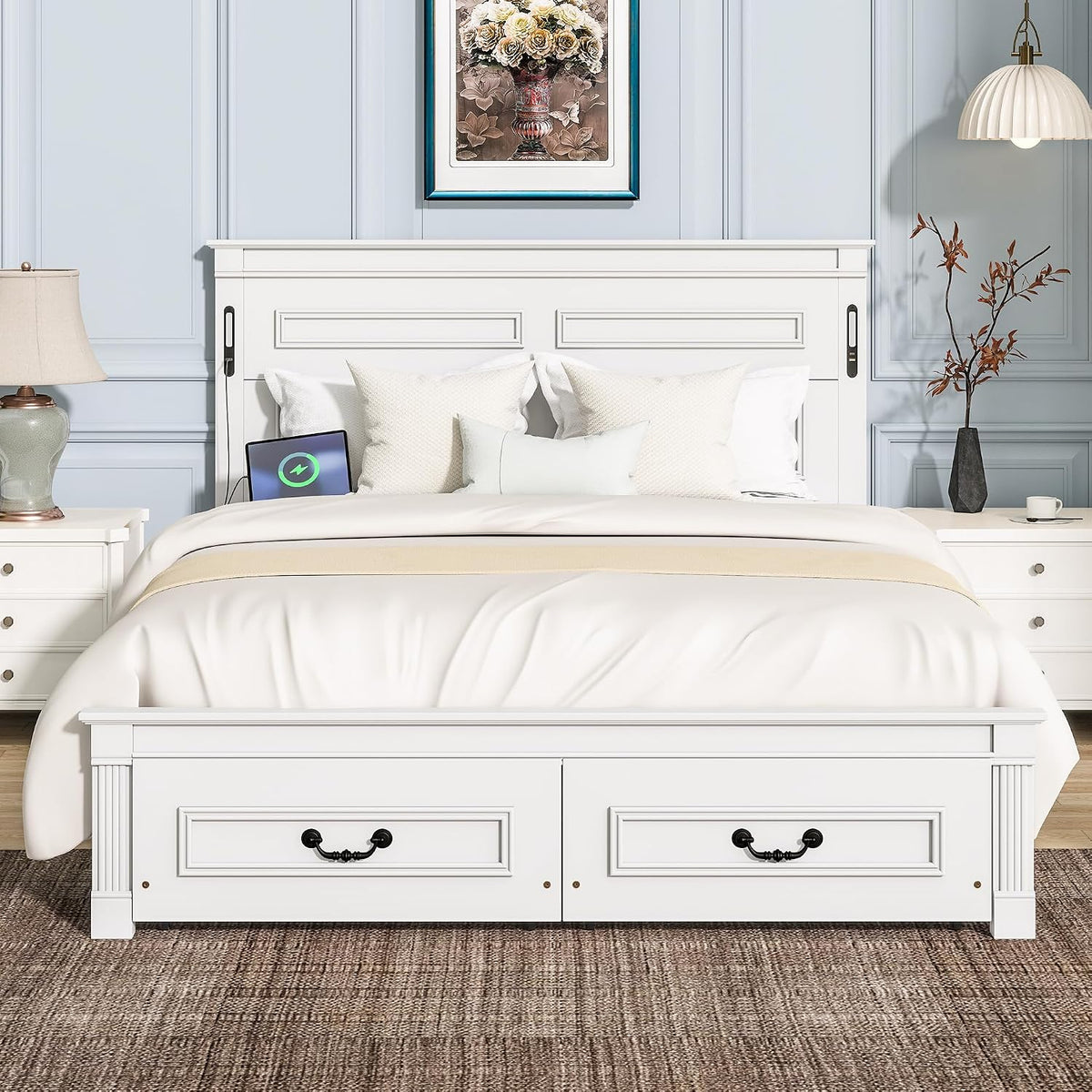 Queen Size Wood Platform Bed with Headboard, LED Light & Charging Station, Elegant Rustic Style Platform Bed Frame with Storage Drawers, No Box Spring Needed, Space Saving Design, White
