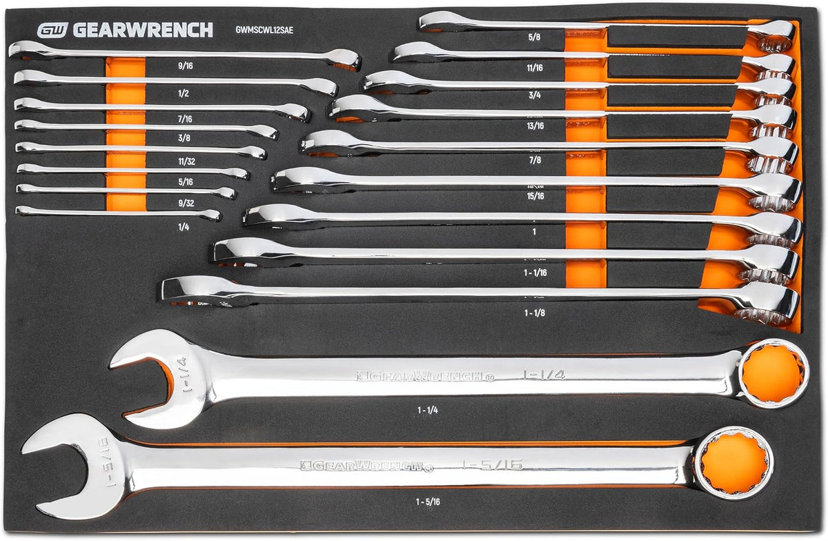 GEARWRENCH 19 Piece 12 Pt Long Pattern Combination SAE Wrench Set in Foam Storage Tray - GWMSCWL12SAE