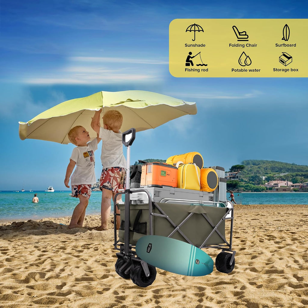 Collapsible Folding Wagon Cart, Portable Folding Beach Wagons with Wheels, Lightweight Utility Camping Wagon for Groceries, Shopping Sports Garden (Green)