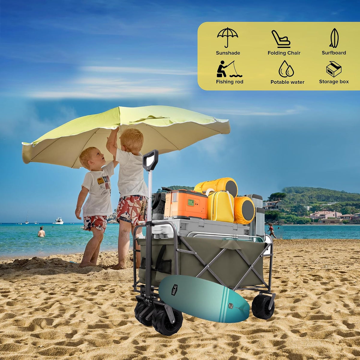 Collapsible Folding Wagon Cart, Portable Folding Beach Wagons with Wheels, Lightweight Utility Camping Wagon for Groceries, Shopping Sports Garden (Green)