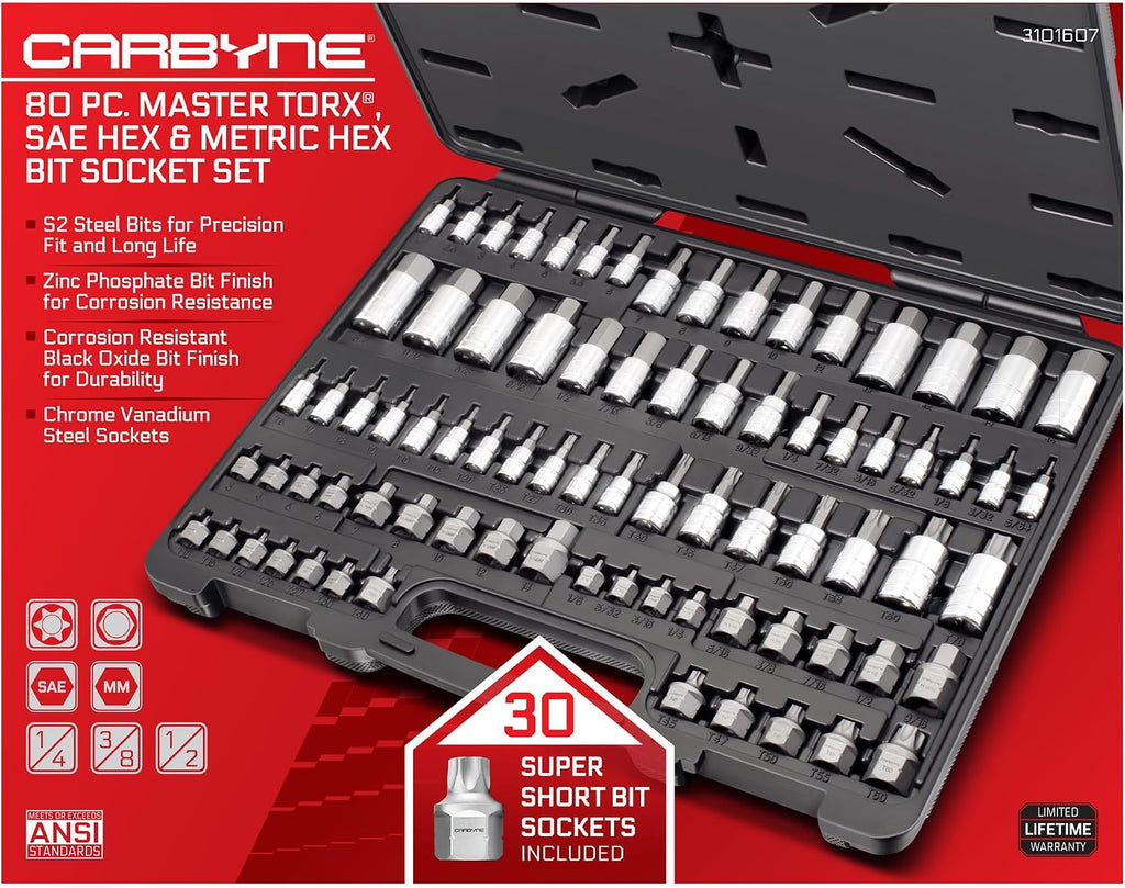 CARBYNE 80-Piece Master Torx, SAE Hex (Allen) and Metric Hex (Allen) Bit Socket Set with 30 Stubby Low Profile Super Short, S2 Steel Bits, CrV Sockets, 1/4 3/8 1/2 in. Drive, Durable Case
