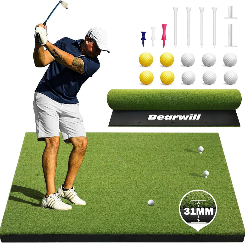 Bearwill Golf Mat 31mm, 5x4ft/5x5ft Elite Golf Hitting Mats for Practice Outdoor Indoor, High-Elasticity Artificial Turf Mat for Garage Simulator Chipping Driving Training
