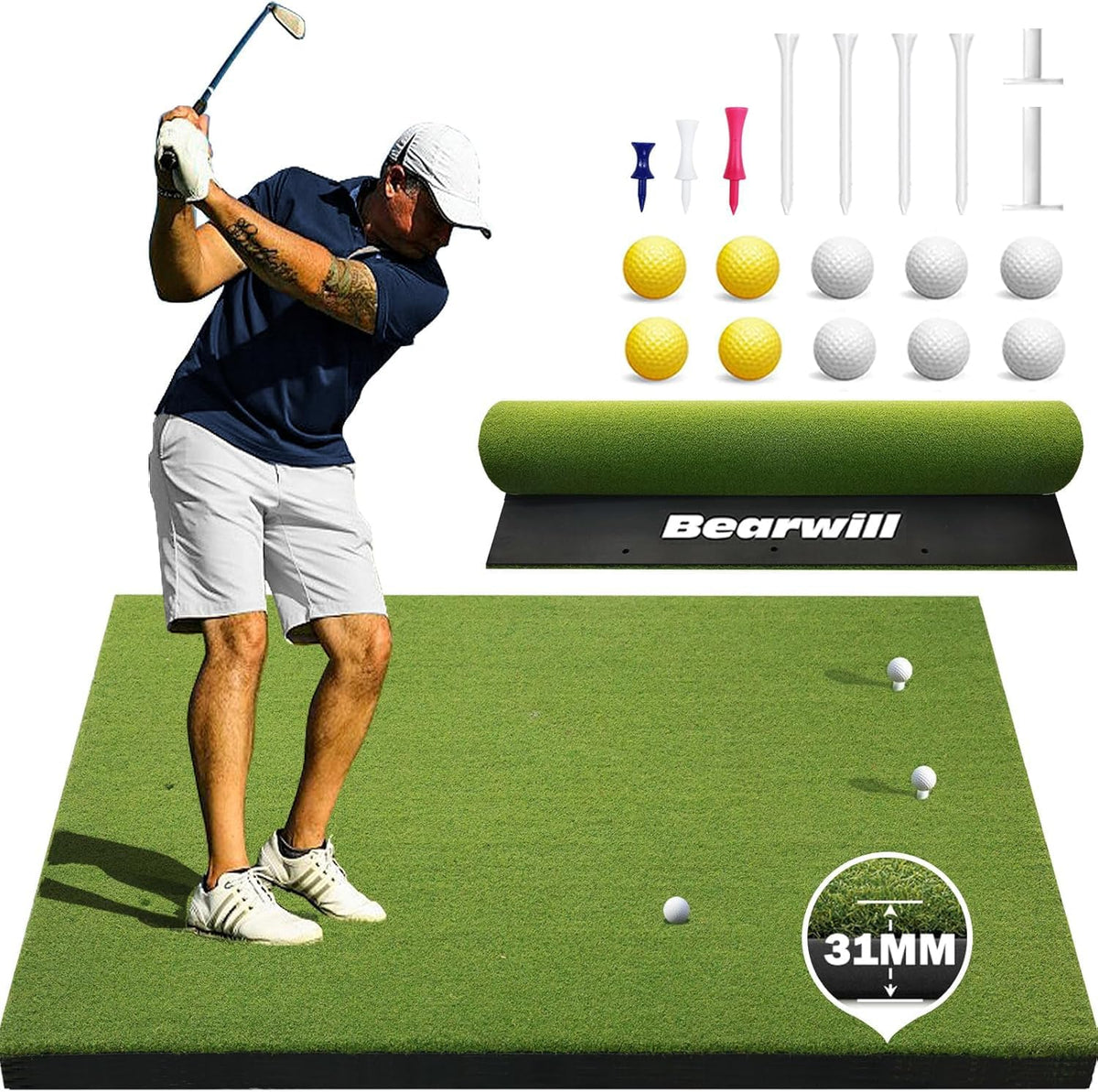 Bearwill Golf Mat 31mm, 5x4ft/5x5ft Elite Golf Hitting Mats for Practice Outdoor Indoor, High-Elasticity Artificial Turf Mat for Garage Simulator Chipping Driving Training