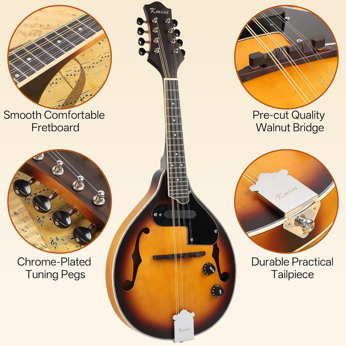 Mandolin Instrument A Style, Electric Acoustic Mandolins Instrument Kit 8 String with Tuner Strap Gig Bag Chord Chart for Beginners Adults Teens Youth Kid