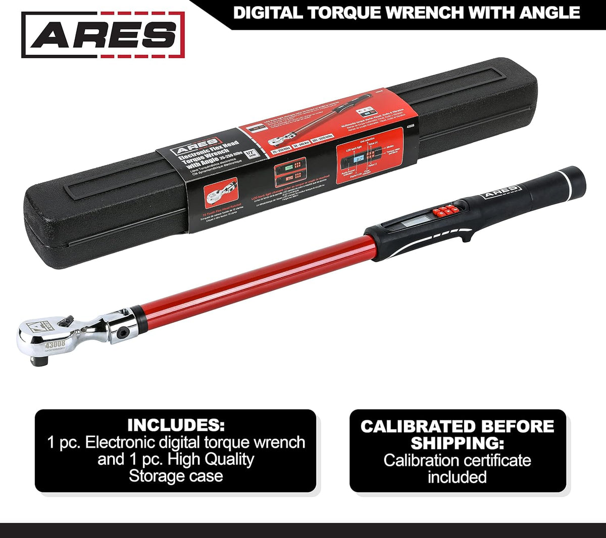 ARES 43008-1/2-Inch Drive Flex Head Digital Torque Wrench – Torque and Angle Readings - 25-250 ft-lb (30-340 Nm) Electronic Reversible Ratchet, Multi-Alert, ±2% Accuracy – Auto, Motorcycle, Mechanic