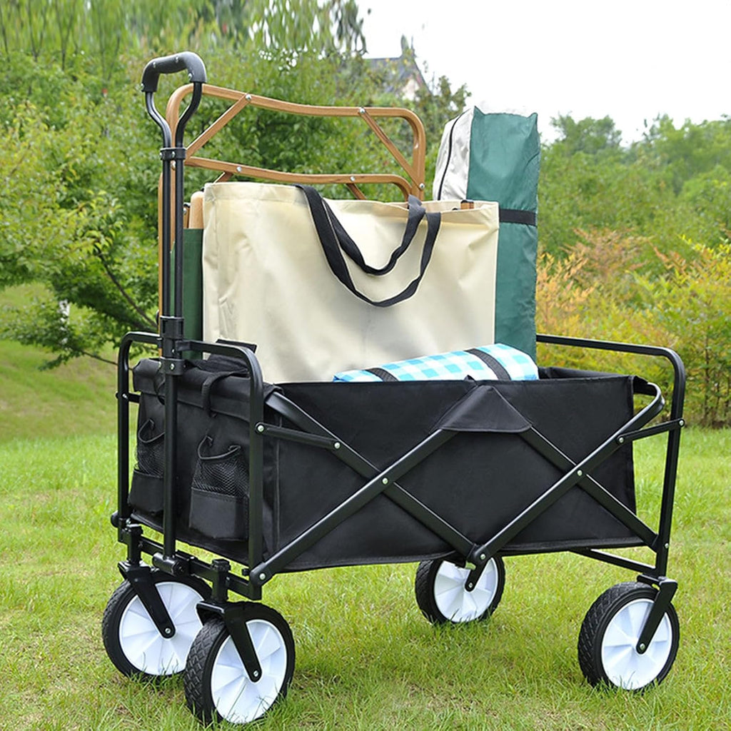 Collapsible Wagon Garden Cart,Folding Garden Carts,Beach Wagon Grocery Wagon All-Terrain Wagon Sports Beach Wagon Cart Rubber Wheel Universal Wheel Camping Cart with Folding Panels,(b) black