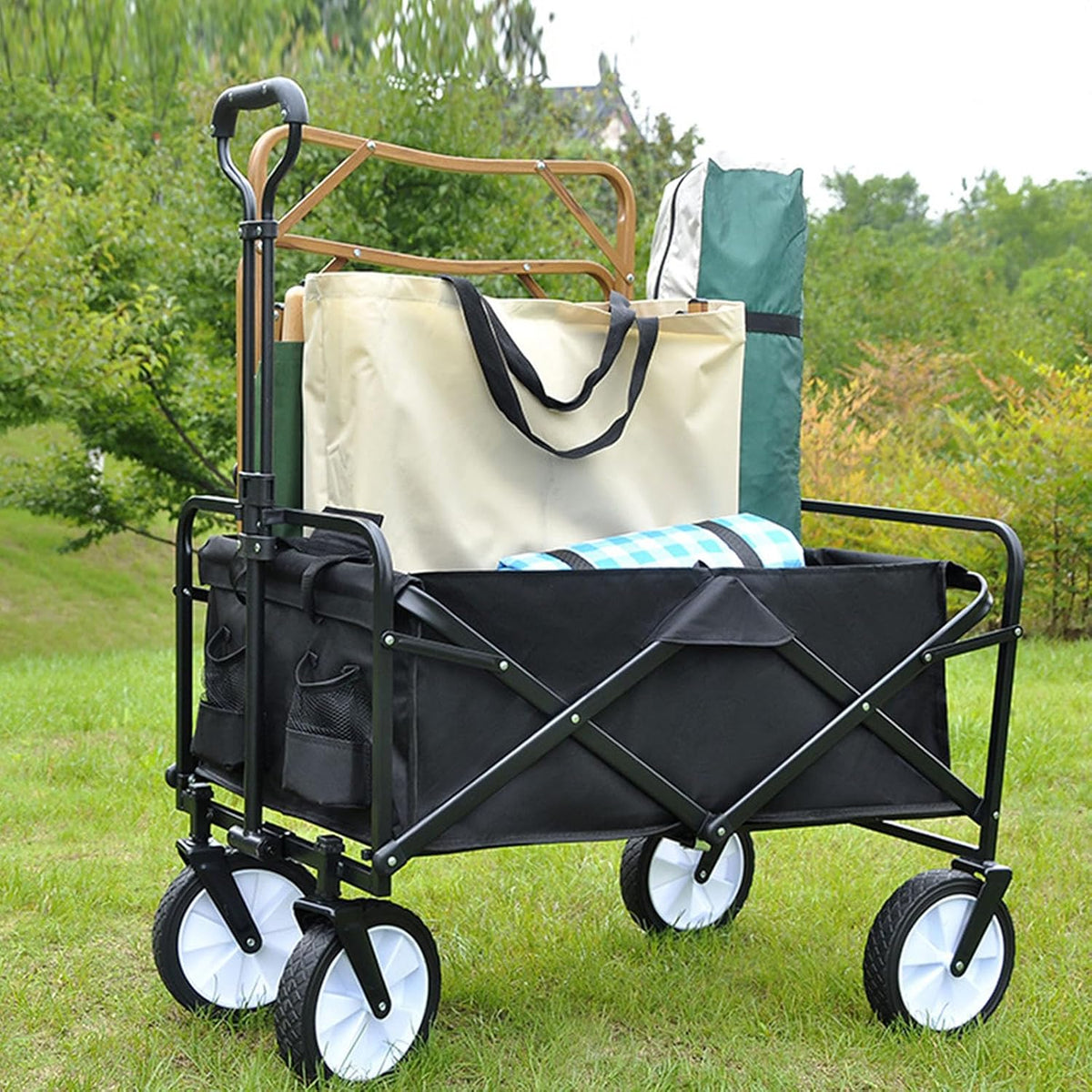 Collapsible Wagon Garden Cart,Folding Garden Carts,Beach Wagon Grocery Wagon All-Terrain Wagon Sports Beach Wagon Cart Rubber Wheel Universal Wheel Camping Cart with Folding Panels,(b) black