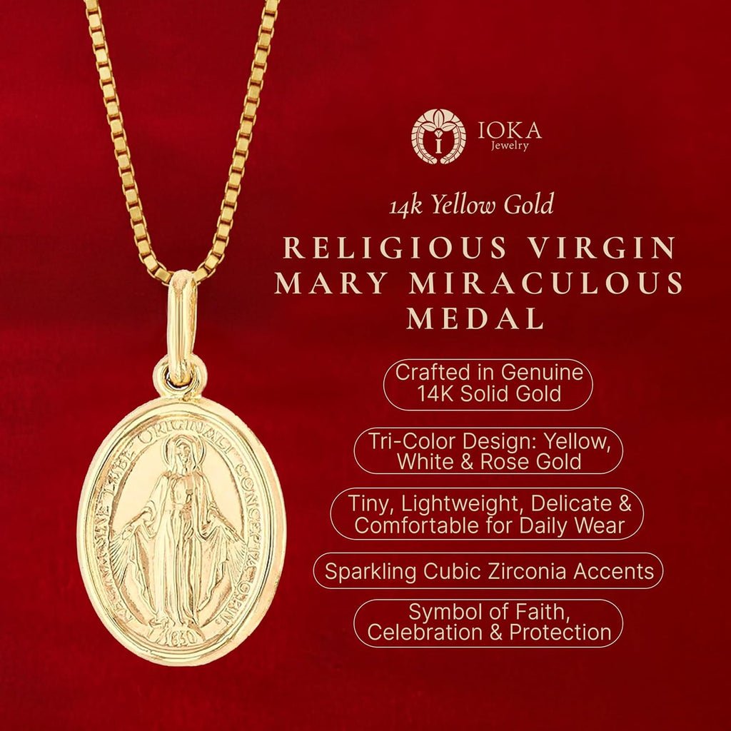 Ioka 14K Solid Yellow Gold Virgin Mary Miraculous Medal Pendant – Classic Catholic Religious Charm Jewelry for Men & Women