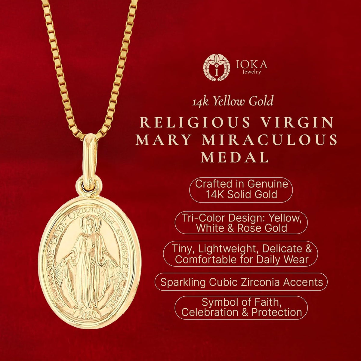 Ioka 14K Solid Yellow Gold Virgin Mary Miraculous Medal Pendant – Classic Catholic Religious Charm Jewelry for Men & Women