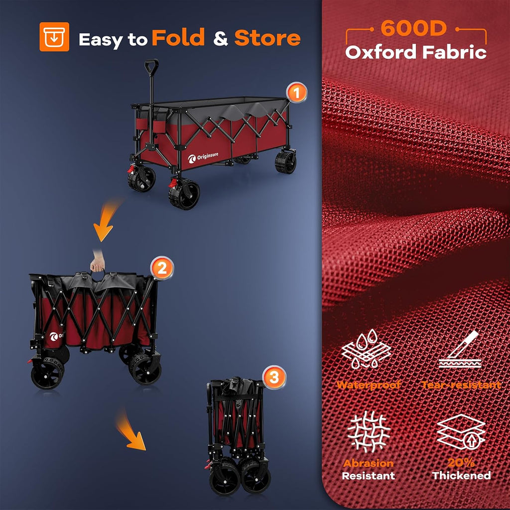 48' L Folding Beach Wagon Cart Foldable, 560lbs Weight Capacity 300L Heavy Duty Collapsible Wagons with Big All-Terrain Wheels, Utility Carts for Groceries, Shopping, Camping, Sports - Grey&Red