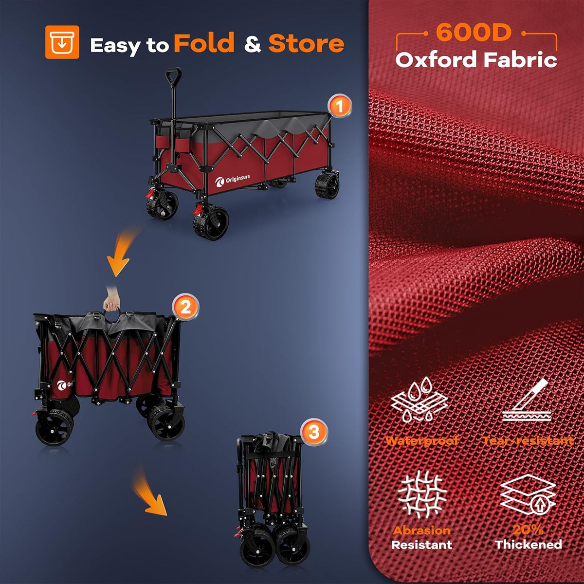 48' L Folding Beach Wagon Cart Foldable, 560lbs Weight Capacity 300L Heavy Duty Collapsible Wagons with Big All-Terrain Wheels, Utility Carts for Groceries, Shopping, Camping, Sports - Grey&Red
