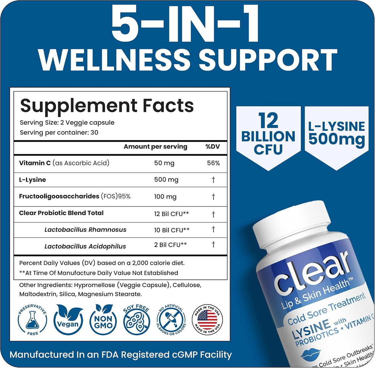 Clear Probiotics Lysine Cold Sore Treatment for Lips – with Lactobacillus Rhamnosus, Acidophilus and Vitamin C – Cold Sore Supplement for Lip & Skin Health, Immune Support & Prevention – 360 Capsules