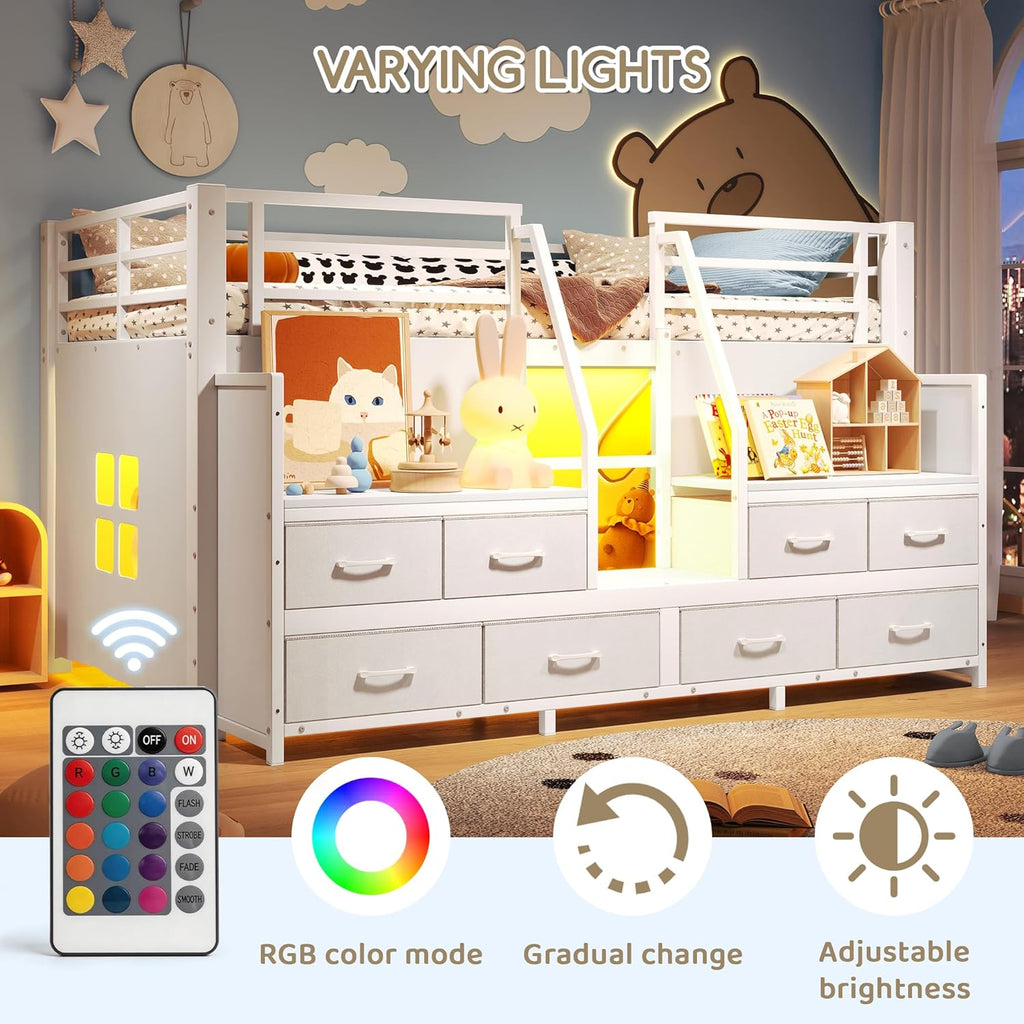 Metal Low Loft Bed with 8 Drawers & Storage Shelves, Heavy Duty Loft Bed Frame with LED Light, Playhouse Bed for Kids, Boys & Girls, White