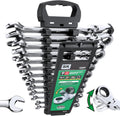 SK Flex-Head Ratcheting Wrench Set, Combination Wrench Set, 13-Piece, SAE 1/4' to 1', 72-Tooth, Premium CR-V Construction, with Rack Organizer