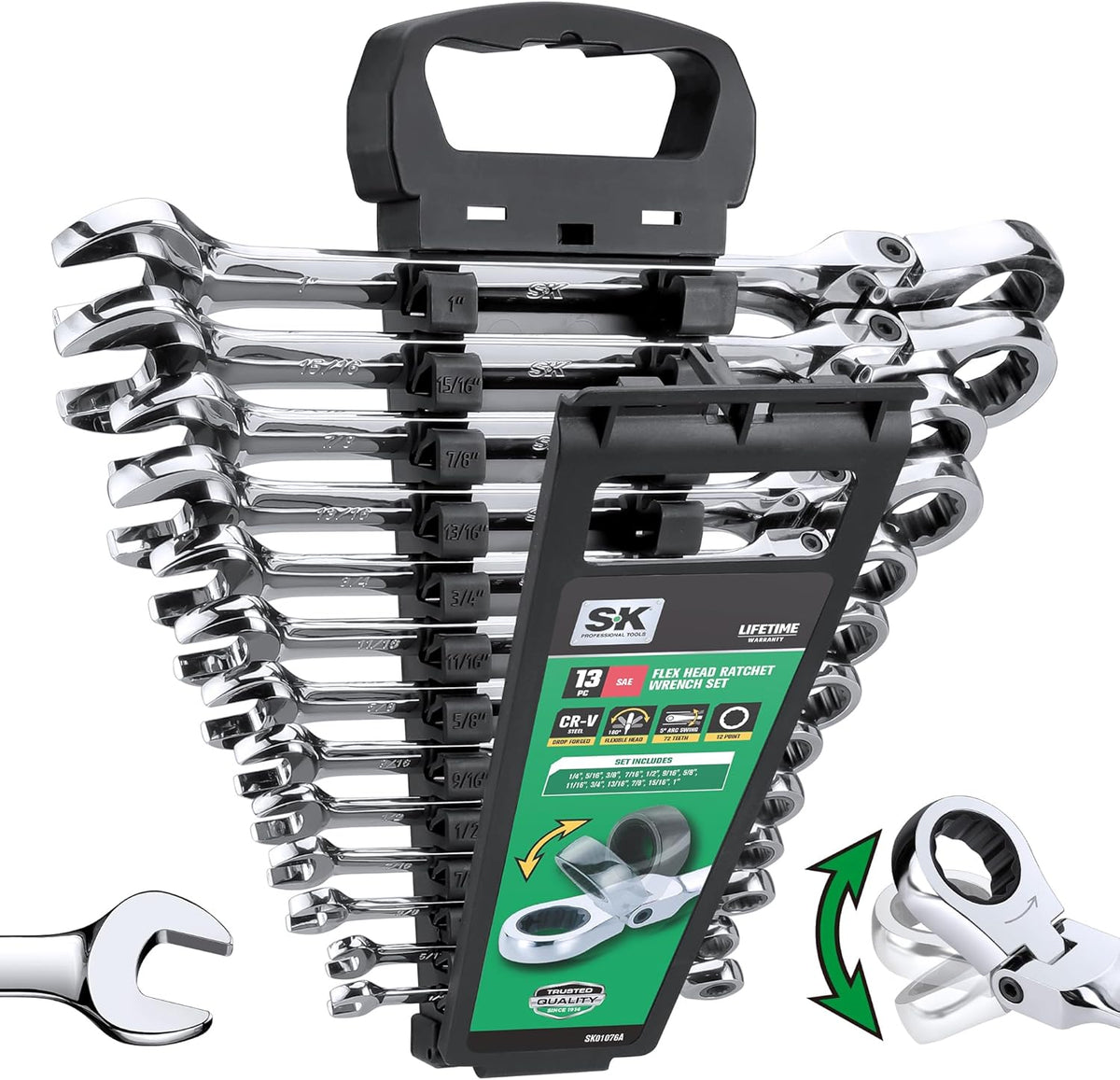 SK Flex-Head Ratcheting Wrench Set, Combination Wrench Set, 13-Piece, SAE 1/4' to 1', 72-Tooth, Premium CR-V Construction, with Rack Organizer