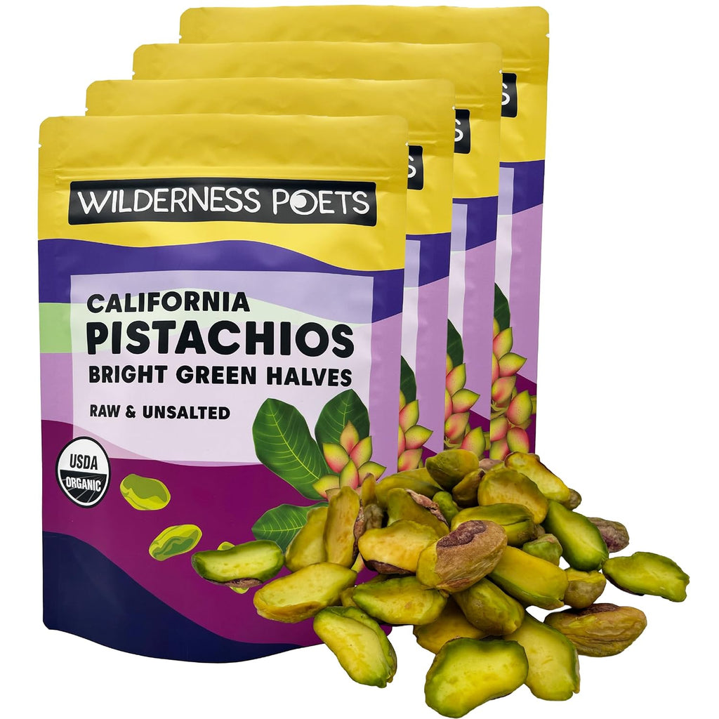 Wilderness Poets, Organic Pistachios - Bright Green Pistachio Nut Halves, No Salt, Grown in California - 5 Pound (Pack of 4)