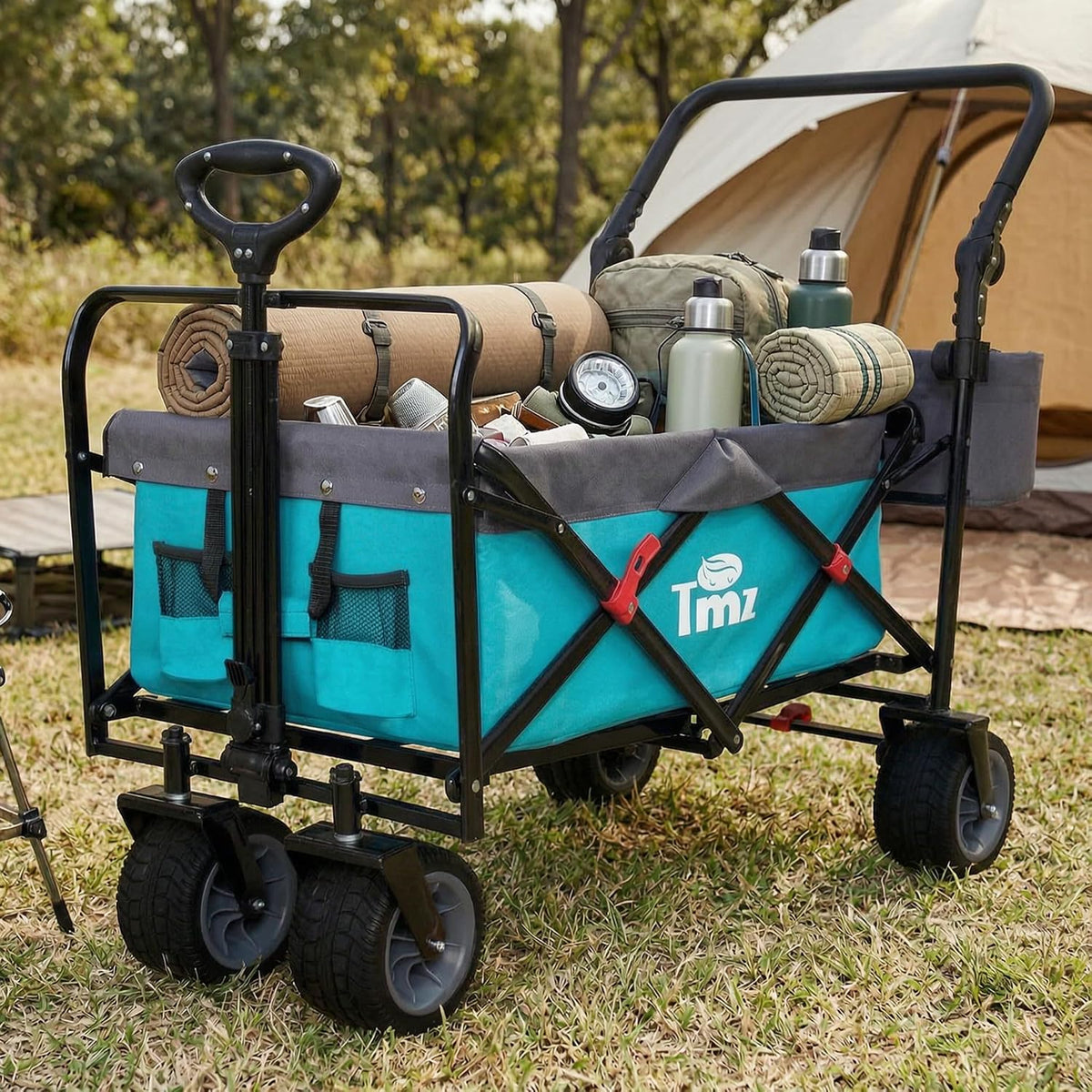 TMZ All Terrain Utility Folding Wagon, Collapsible Garden Cart, Heavy Duty Beach Wagon, for Shopping, Camping, and Outdoor Activities with Push Handle and Brake (Turquoise/Grey)