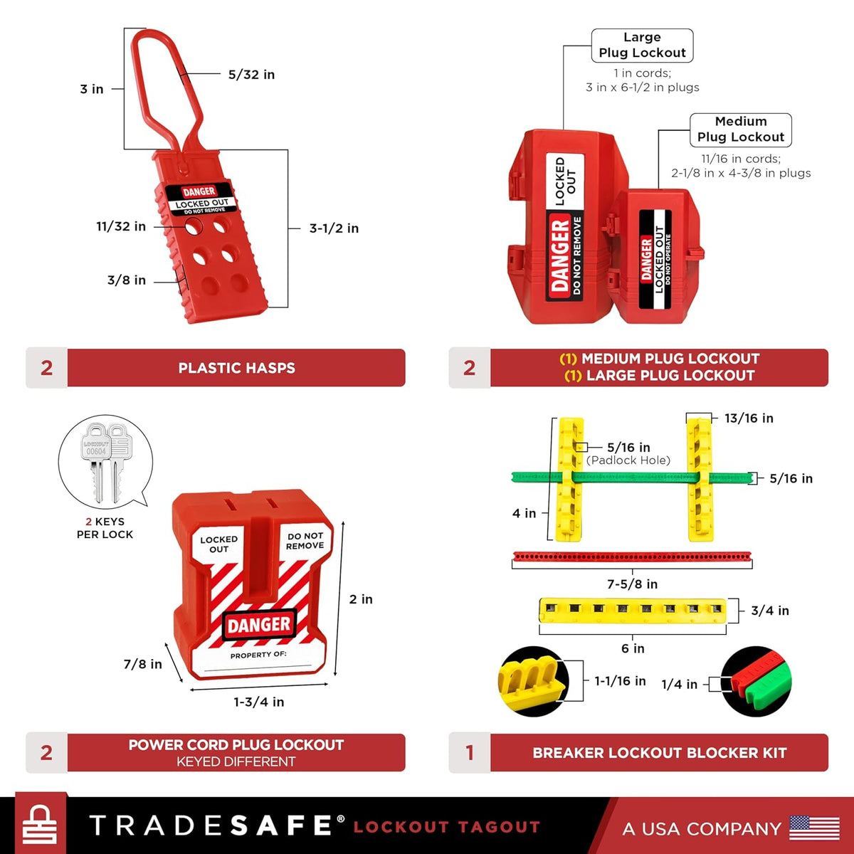 TRADESAFE Lockout Tagout Kit - 90 Loto Devices, Cable Lock, Loto Locks, Breaker Lockout Devices, Lock Out Tags, Plug Lock, Hasps, OSHA-Compliant Lock Out Tag Out Kits Electrical Tools
