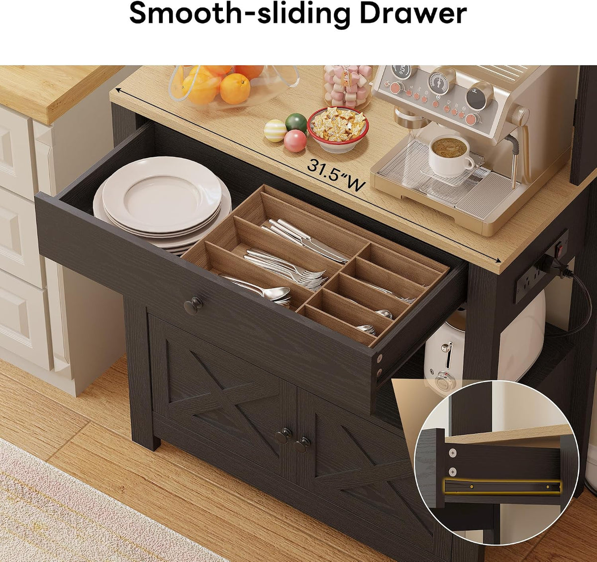 LIKIMIO Baker Rack with Spill-Safe Power Outlet & Drawer, Coffee Bar Cabinet with Storage, Farmhouse Microwave Stand with Hutch and 5 Hooks for Kitchen, Black