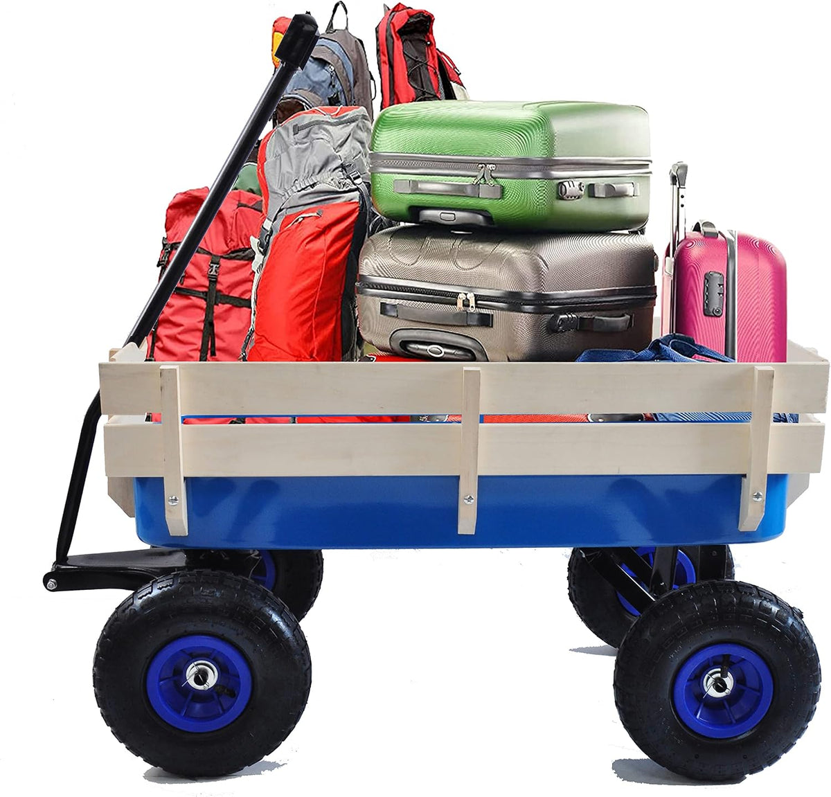 Outdoor Sport All Terrain Pulling Wagon With Removable Wooden Side Panels, Air Tires, Big Foot Panel, Sturdy Steel Bed, Kids' Pull-Along (Blue)