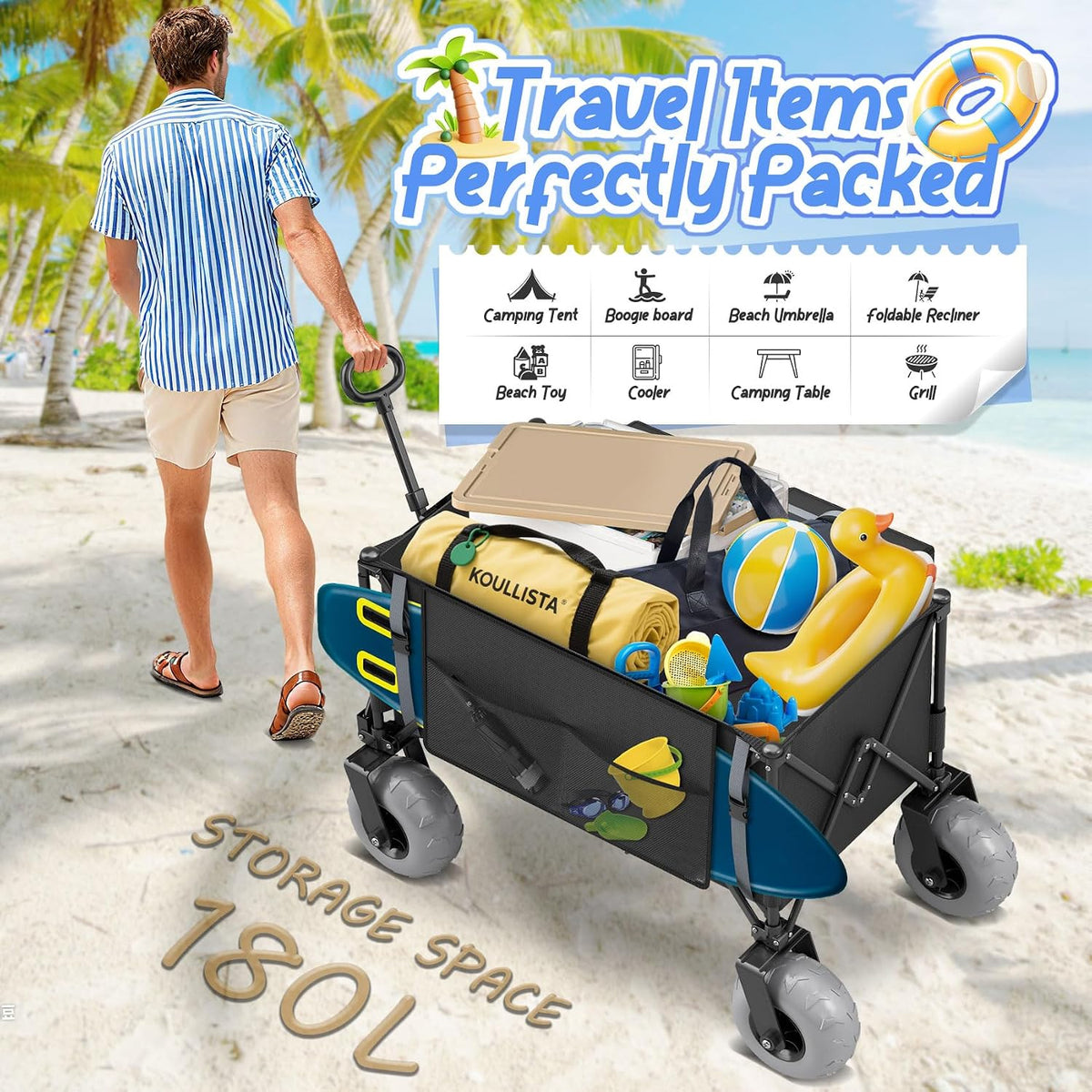 Beach Wagon with Big Wheels for Sand Heavy Duty Collapsible Wagon with 9' All Terrain Inflatable Tires, Foldable Beach Cart for Camping Outdoor Grocery Shopping Garden Sports