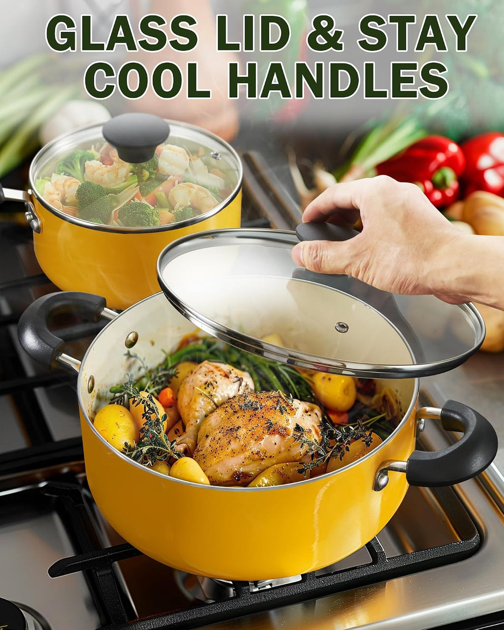 Cook N Home Basics Ceramic Nonstick Pots and Pans Cookware Set, Dutch Ovens and Saucepans with Glass Lid, Frying Pans without Lid, Not Induction, 10-Piece, Yellow