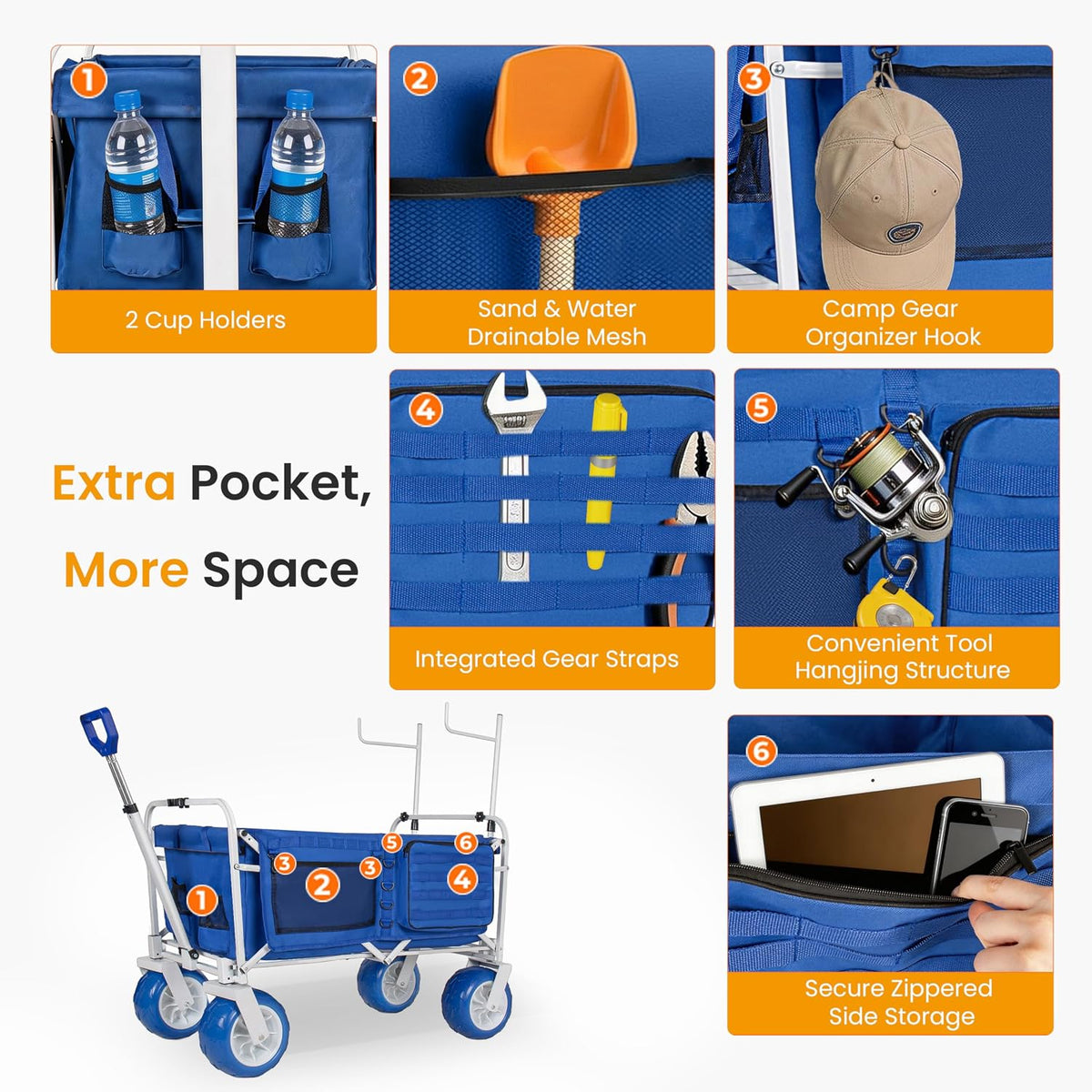 500lbs Heavy-Duty Beach Wagon Cart.9 All-Terrain Wheels,Adjustable Handle,Folding Chair Racks,Insulated Cooler Bags &Multi-Pocket Storage for Beach,Camping &Outdoor Sports.Collapsible Utility Wagon