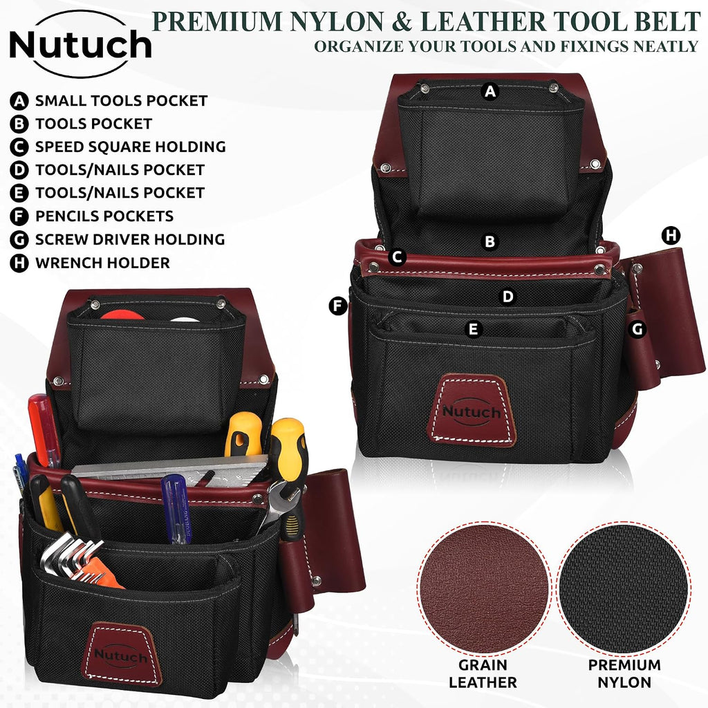 Nylon and Leather Tool Belt | Nylon Tool Pouch | Carpenter Tool Belt | Construction | Framers | Electrician Tool Belts | Drywall Tool Bags | Handyman | Electric (BLACK)