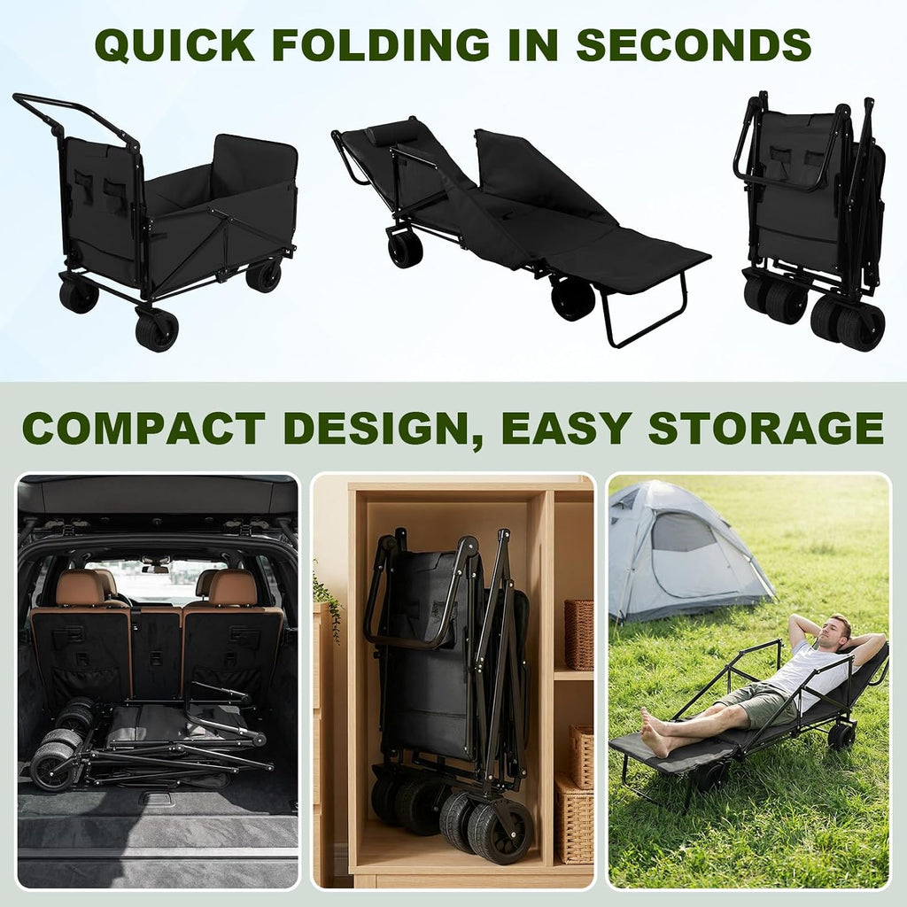 Collapsible Wagon 440lbs Capacity 2-in-1 Folding Chair Cart with All-Terrain Wheels for Shopping Beach Camping Sports Garden (Black)
