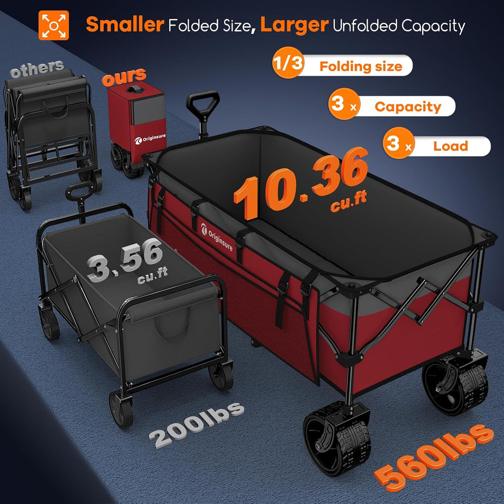 48' L Folding Beach Wagon Cart Foldable, 560lbs Weight Capacity 300L Heavy Duty Collapsible Wagons with Big All-Terrain Wheels, Utility Carts for Groceries, Shopping, Camping, Sports - Grey&Red