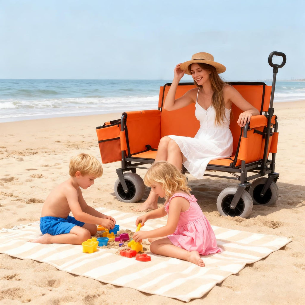 3-in-1 Convertible Folding Wagon Cart with Bench Seat & Storage - Includes 1 ice Pack, 500lbs Heavy-Duty Utility Wagon, All-Terrain Wheels for Camping, Beach, Sports, Garden (Orange)