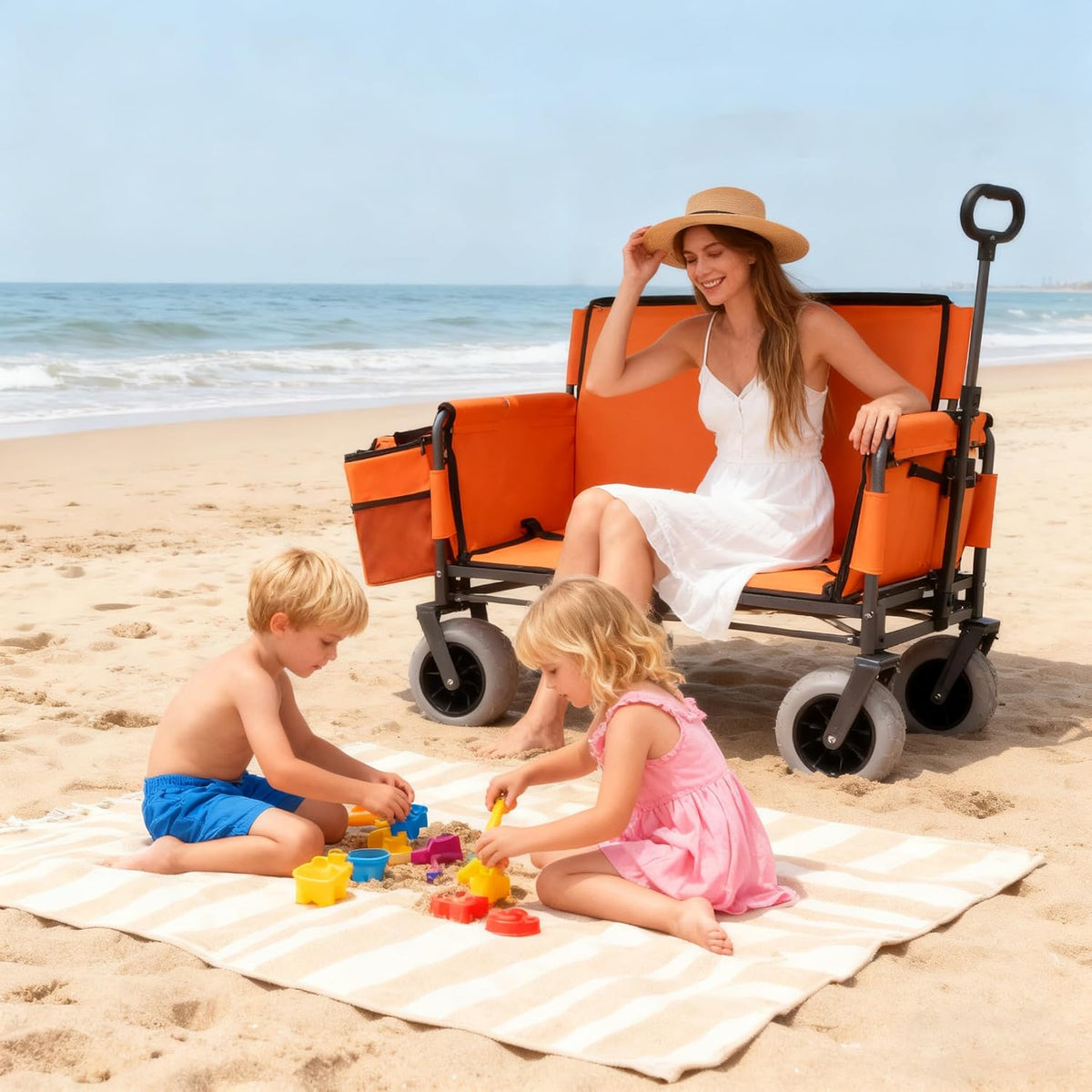 3-in-1 Convertible Folding Wagon Cart with Bench Seat & Storage - Includes 1 ice Pack, 500lbs Heavy-Duty Utility Wagon, All-Terrain Wheels for Camping, Beach, Sports, Garden (Orange)